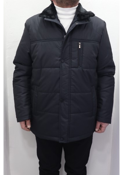 Fistan Store Erkek Yakası Kürklü Normal Kalıp Fermuar ve Çıtçıt Kapamalı Battal Kışlık Mont