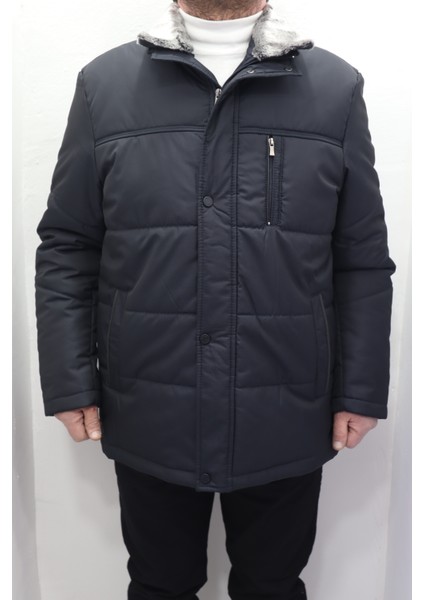 Fistan Store Erkek Yakası Kürklü Normal Kalıp Fermuar ve Çıtçıt Kapamalı Battal Kışlık Mont