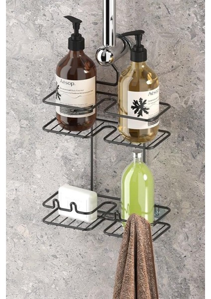 Tekno Tel BK-067 Siyah Asmalı 2 Katlı Düz Duş Rafı | Metal Şampuanlık Duş Borusu Organizeri