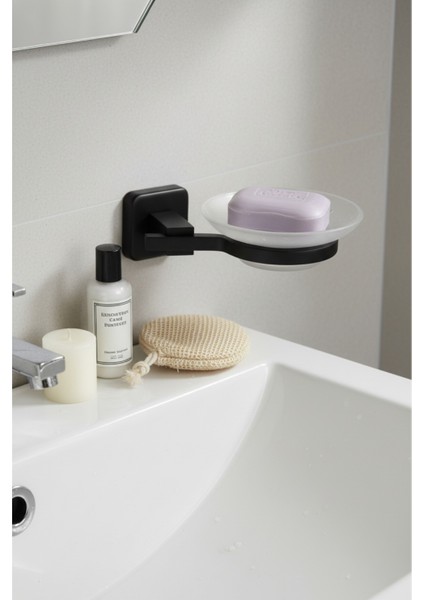 Kare Serisi Mat Siyah Cam Katı Sabunluk | Paslanmaz Alüminyum Banyo Aksesuarı 5 Yıl Garantili fiyatları