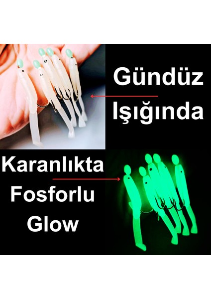 Silikon Balıklı Çapari 5 cm (2 Adet) Silikon At Çek Takımı Şeffaf Yeşil Fosforlu Glow Beden ve Fosforlu Glow Boncuklu