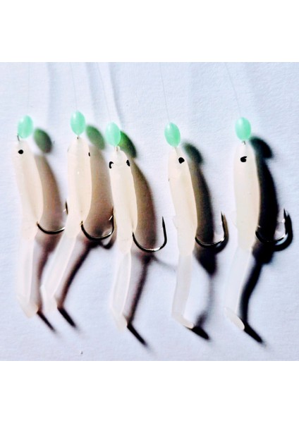 Silikon Balıklı Çapari 5 cm (2 Adet) Silikon At Çek Takımı Şeffaf Yeşil Fosforlu Glow Beden ve Fosforlu Glow Boncuklu