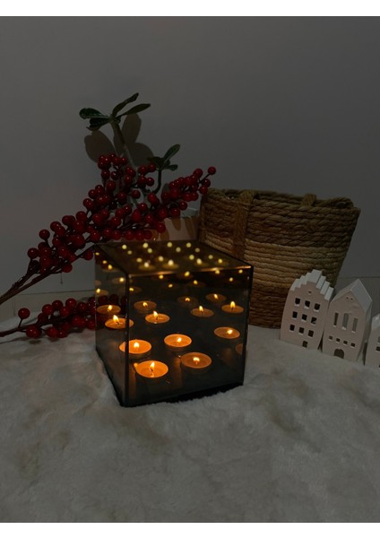 Şık Ahşap Tabanlı 4 Mumluk Cam Dekoratif Mumluk 15X15