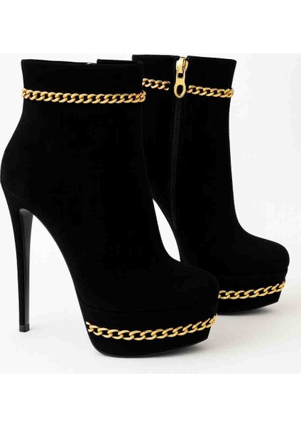 Kadın Siyah Süet Platform Topuklu Bot – Gold Zincir Detaylı, Fermuarlı, Şık Tasarım