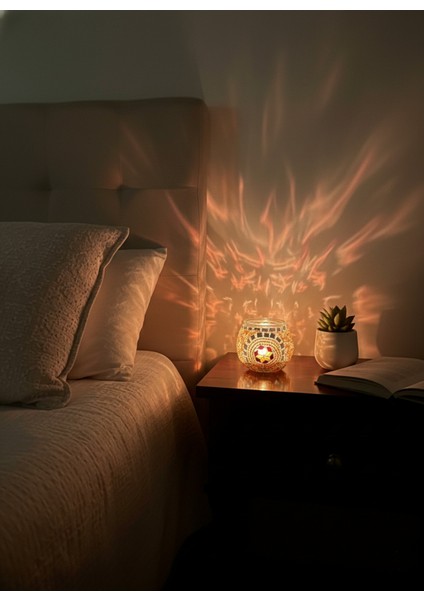 El Yapımı Mavi Mozaik Cam Mumluk, Dekoratif LED ve Mum Işığı