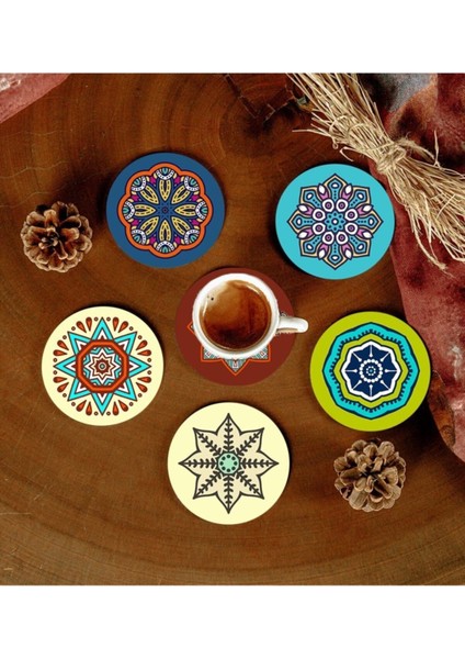 6 Adet Desenli Mdf Bardak Altlığı