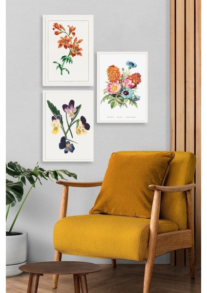 Çiçek Üçlü Ahşap Çerçeveli Tablo modelleri