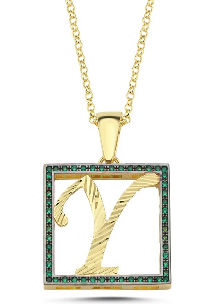 Y Harfli Yeşil Taşlı 14 Ayar Altın Kaplama Kolye HR26