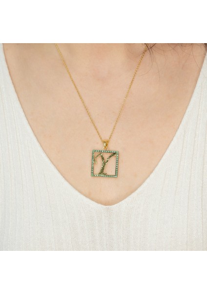 Y Harfli Yeşil Taşlı 14 Ayar Altın Kaplama Kolye HR26 fiyatları