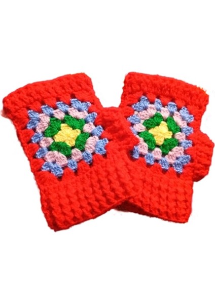 El Örgüsü Motifli Yarım Parmak Kırmızı Eldiven