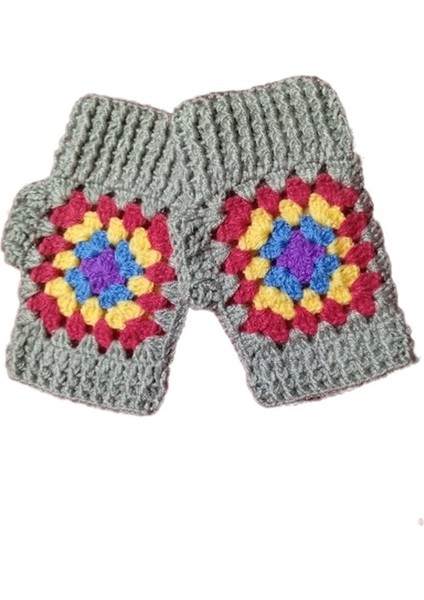 El Örgüsü Motifli Yarım Parmak Gri Eldiven