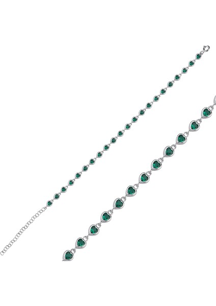 Yeşil Taşlı Kalpli Gümüş Bileklik BLK24