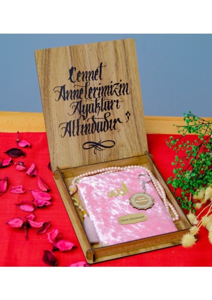 Canım Annem Yazılı Anahtarlıklı Ahşap Pembe Yasin-I Şerif Seti