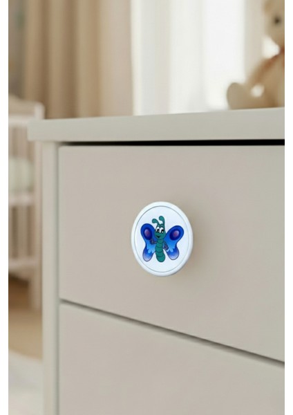 Mavi Kelebek Çocuk Odası Mobilya Kulbu - 55 mm - Abs Plastik Tekli Düğme Dolap ve Çekmece Kulpu