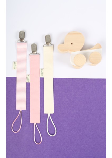 3'lü Set Emzik Askısı - Emzik Zinciri - Emzik Tutacağı - %100 Pamuk - Pudra Pembe,ekru