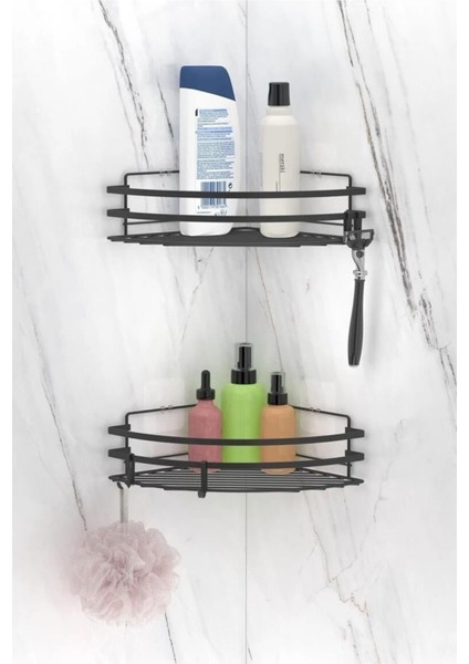 Tekno Tel ST-207 Yapışkanlı 2'li Köşelik Banyo Rafı Siyah | Deliksiz Duş Organizeri Kancalı