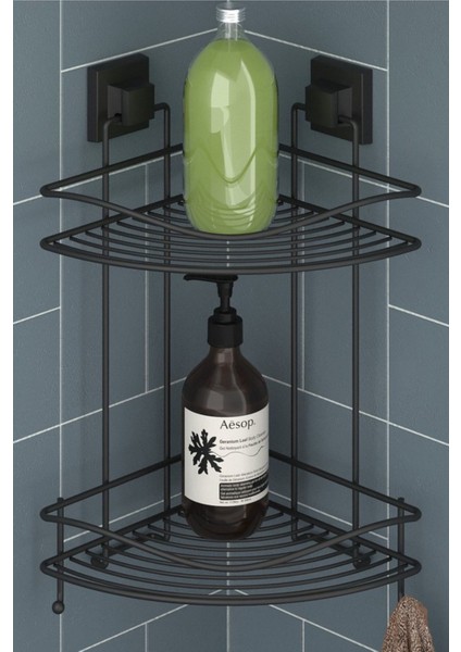 Tekno Tel EF-253 Siyah 2 Katlı Köşelik Banyo Rafı | Yapışkanlı/vidalı Deliksiz Duş Organizeri