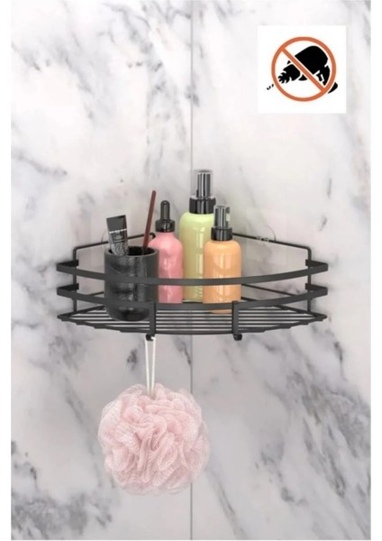 Tekno Tel ST-107 Yapışkanlı Köşelik Banyo Rafı Tekli Siyah | Deliksiz Duş Organizeri Kancalı