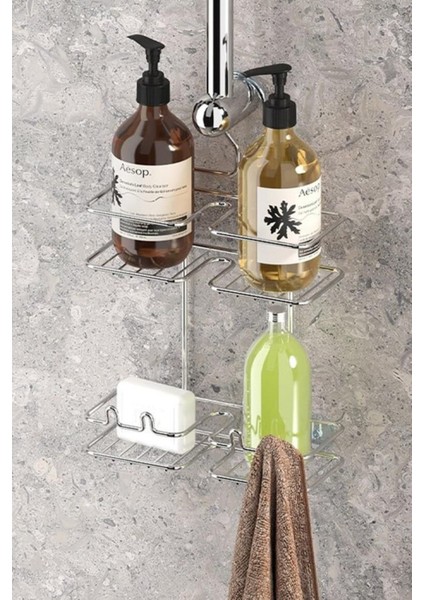 Tekno Tel BK-067 Krom Asmalı 2 Katlı Düz Duş Rafı | Metal Şampuanlık Duş Borusu Organizeri