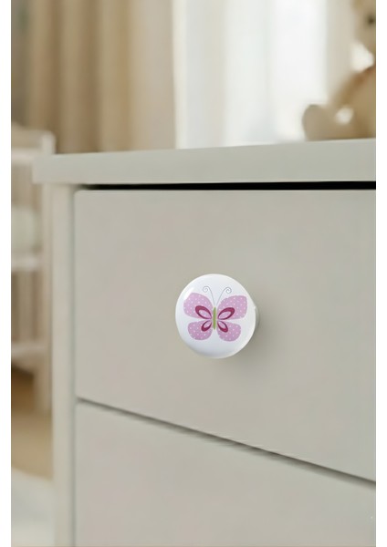 Porselen Pembe Kelebek Desenli Çocuk Odası Mobilya Kulpu Seramik Çekmece Dolap Düğmesi