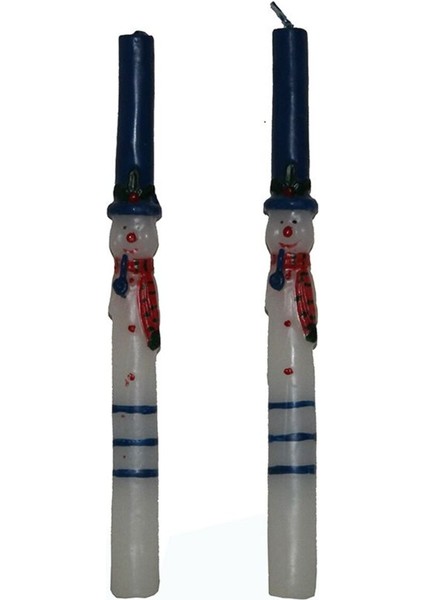 Yılbaşı Temalı Mavi Şapkalı Kardan Adam Figürlü 25 cm 2'li Şamdan Mum Seti