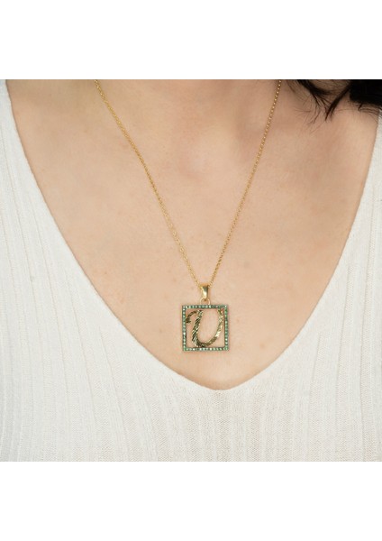 Ü Harfli Yeşil Taşlı 14 Ayar Altın Kaplama Kolye HR24 fiyatları