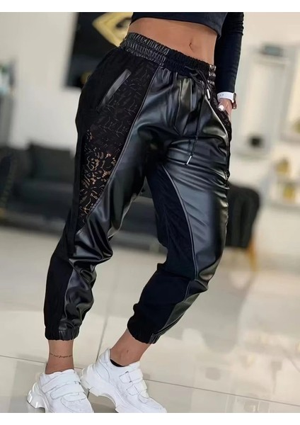 Kadın Yüksek Bel Lastikli Yanda Dantel Detaylı Bağcıklı Deri Pantolon