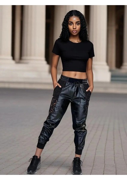 Kadın Yüksek Bel Lastikli Yanda Dantel Detaylı Bağcıklı Deri Pantolon fiyatları