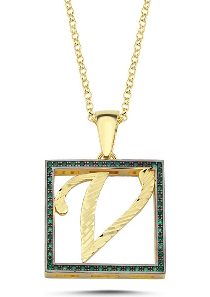 V Harfli Yeşil Taşlı 14 Ayar Altın Kaplama Kolye HR25