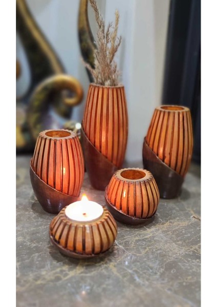 Ahşap Efektli Isveç Tarz Mumluk ve Vazo Takımı Seti