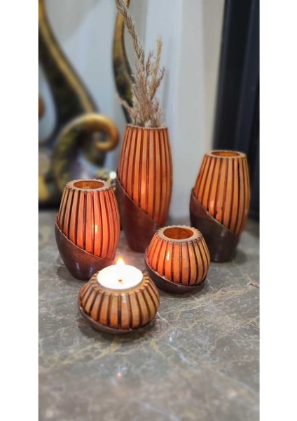 Ahşap Efektli Isveç Tarz Mumluk ve Vazo Takımı Seti fiyatları