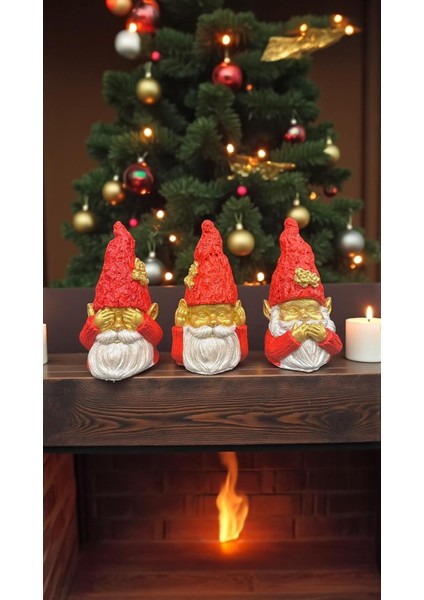 Dekoratif 18X10 cm 3'lü Cüce Noel Baba Biblo Set Kırmızı İnci Gold Renkli Ev Dekorasyon Yılbaşı Christmas Yeni Yıl Heykel