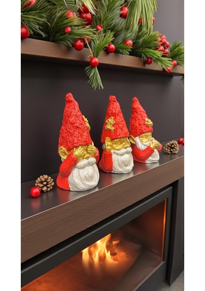 Dekoratif 18X10 cm 3'lü Cüce Noel Baba Biblo Set Kırmızı İnci Gold Renkli Ev Dekorasyon Yılbaşı Christmas Yeni Yıl Heykel