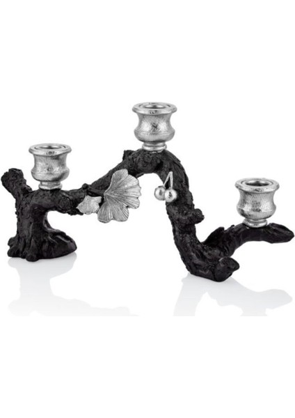 Şık 3’lü Mumluk Takımı, Gümüş Gingko Dal, 7X31,5X16 cm