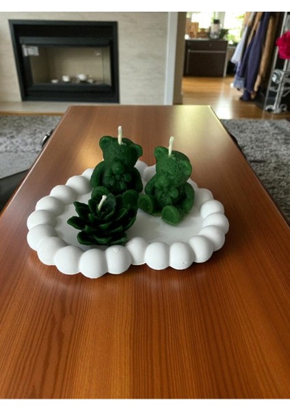 Kalp Beton Takı Tabağı, Ayıcıklar ve Çiçekli Mum Seti