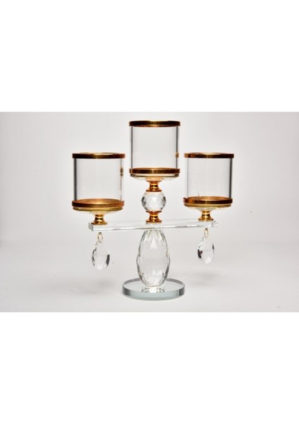 Şamdan Seti, 3'lü Kristal Model, Gold Renk, 20X21 Cm, Şık ve Zarif Tasarım