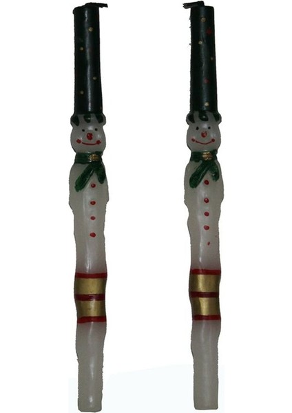 Yılbaşı Yeşil Şapkalı Kardan Adam Figürlü 25 cm Beyaz 2'li Şamdan Takımı