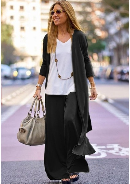 Kadın Uzun Kollu Önü Açık Viskon Ceket ve Pantolon Ikili Takım