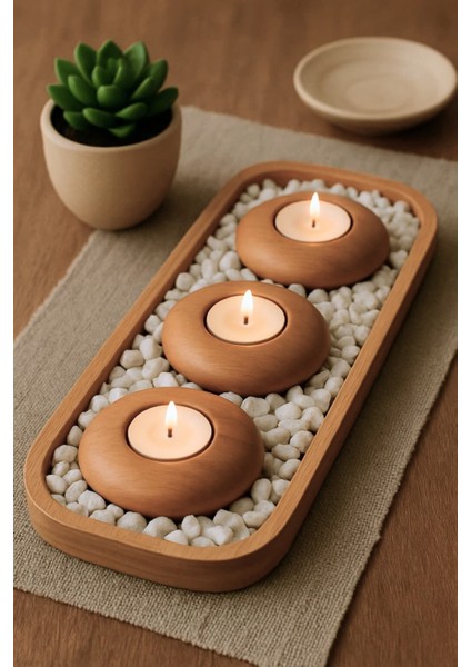 Doğal Ahşap Mumluk Seti, 3'lü, Dikdörtgen Tepsili, Dekoratif Taşlı fiyatları