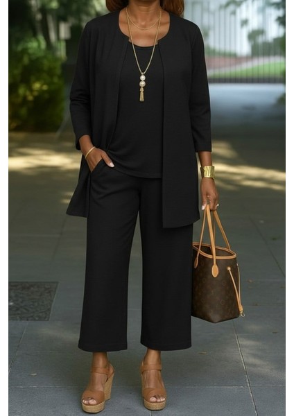 Kadın Uzun Kollu Önü Açık Modal Ceket Kolsuz Viskon Iki Iplik Bluz ve Pantolon Üçlü Takım