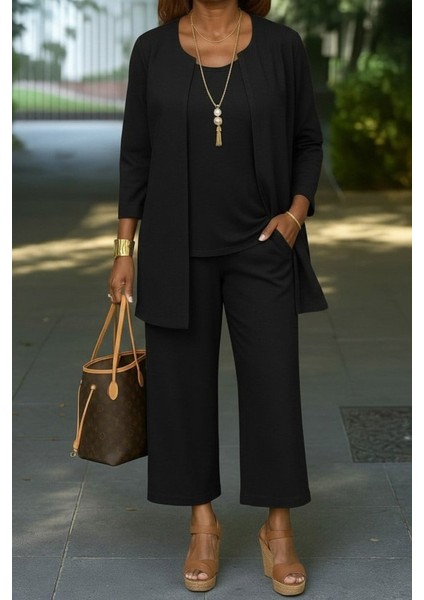 Kadın Uzun Kollu Önü Açık Modal Ceket Kolsuz Viskon Iki Iplik Bluz ve Pantolon Üçlü Takım modelleri