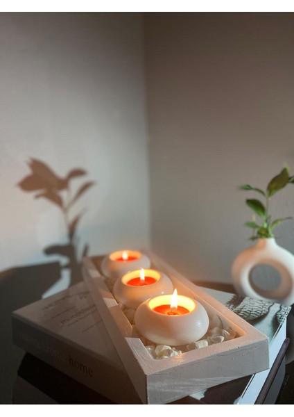 3'lü Beton Tabaklı Dekoratif Mumluk Seti, Hediye ve Ev Dekorasyonu