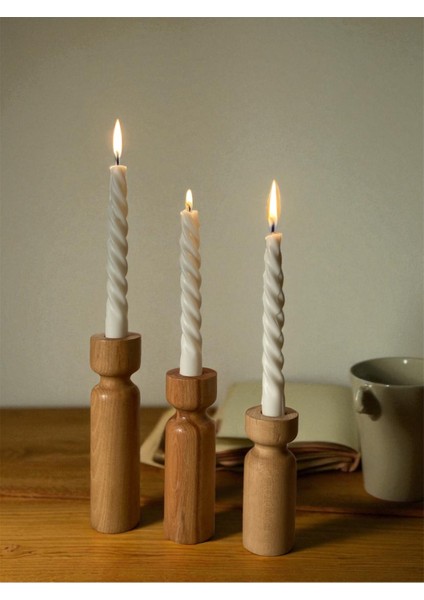 El Yapımı Doğal Gürgen Ahşap 3’lü Mumluk Seti, Tik Yağı Işlemeli, 12/15/18 cm