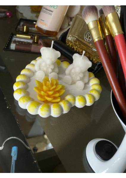 Kalp Beton Takı Tabağı, 2 Ayıcık ve Çiçek Mum ile Şık Dekorasyon fiyatları