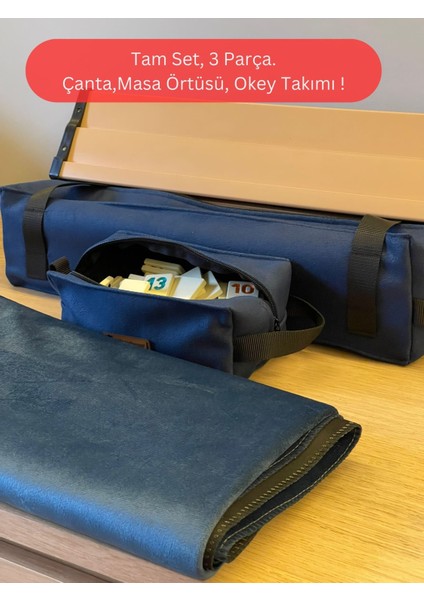 Okey Takım Çantası Koyu Lacivert, Oyun Masası Örtüsü, Plastik Okey Takımı Seti