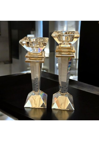 Şeffaf Bal Rengi Dekoratif Kristal Cam Ikili Baba Şamdan