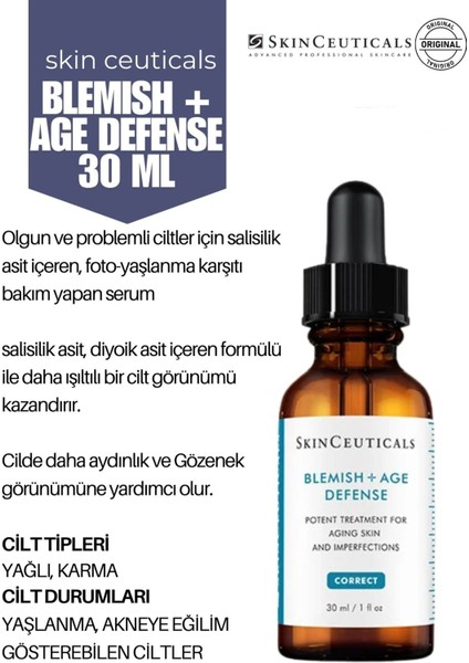 Yağlı ve Düzensiz Ciltler Için Yaşlanma ve Akne Karşıtı Blemish Age Defense Serum 30ML