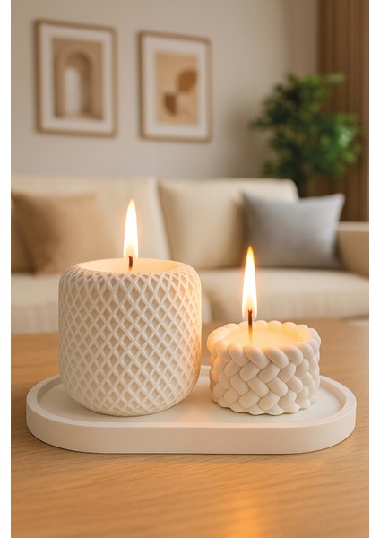 El Yapımı Beton Mumluk ve Oval Altlık Seti, Kokulu Mum Dahil, 2’li