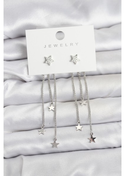 Yıldız Model Gümüş Renk Pirinç Sallantılı Kadın Küpe - TJ-BKP11462