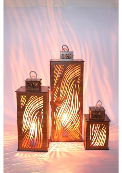 Ahşap Fener Mumluk 3'lü Set Sazlık Model, Şık ve Şeffaf Tasarım